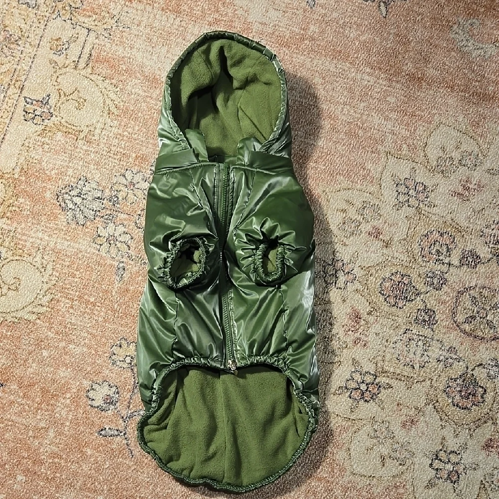 Rachel Zoe Shiny Green Fleece Lined Removeable Hood Back Pocket Dog Coat Sz L
